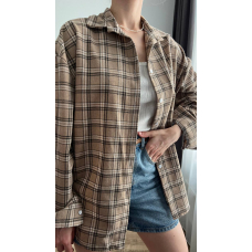 Стильна oversize сорочка в клітинку, в кольорі капучино
