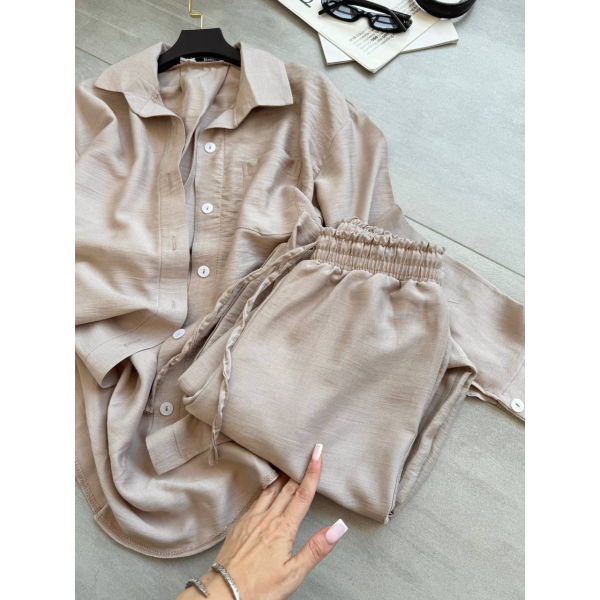 Жіночий костюм з льону сорочка та штани, в кольорі мокко 42-44