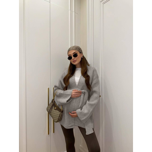 Модний кардиган жіночий oversize з поясом, в бежевому кольорі 42-46