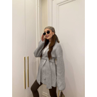 Модний кардиган жіночий oversize з поясом, в сірому кольорі 42-46