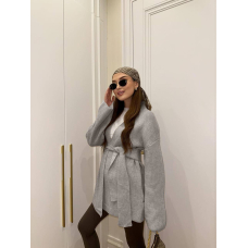 Модний кардиган жіночий oversize з поясом, в сірому кольорі 42-46