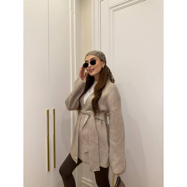 Модний кардиган жіночий oversize з поясом, в сірому кольорі 42-46