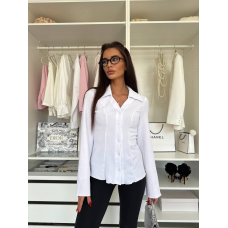Жіноча біла блуза приталена з розкльошеними рукавами та коміром, 42-44