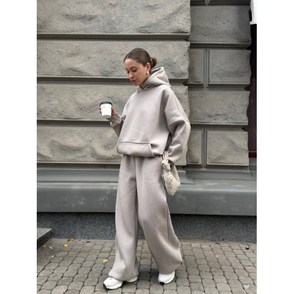 Жіночий оверсайз спортивний костюм на флісі, худі з капюшоном+широкі штани\джогери, в сіро-бежевому кольорі 48-52