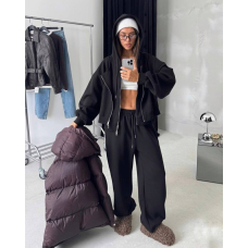 Жіночий спортивний костюм oversize з худі на блискавці, в чорному кольорі 48-50