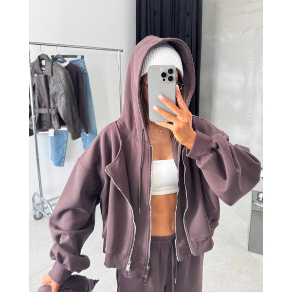 Жіночий спортивний костюм oversize з худі на блискавці, в чорному кольорі 48-50