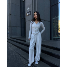 Жіночий костюм з штанами палаццо та кофтою на блискавці, в сірому кольорі 46-48