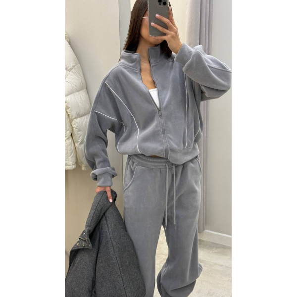 Жіночий спортивний костюм oversize кофта на блискавці + штани, в сірому кольорі 46-48