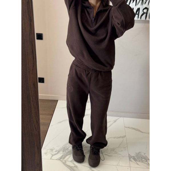 Жіночий спортивний костюм oversize з флісу кофта на блискавці + штани, в шоколадному кольорі 42-44