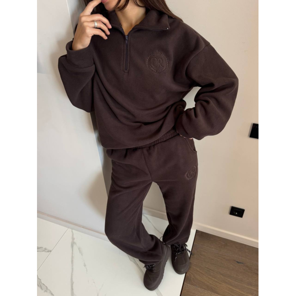 Жіночий спортивний костюм oversize з флісу кофта на блискавці + штани, в шоколадному кольорі 46-48