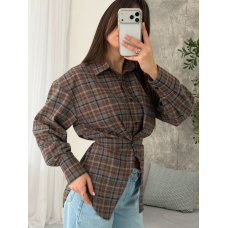 Жіноча сорочка в клітинку з плечиками oversize на ґудзиках, в шоколадному кольорі 46-48