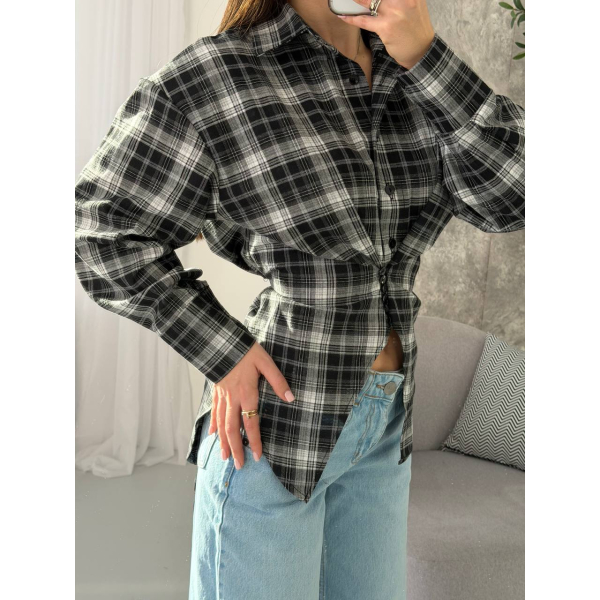 Жіноча сорочка в клітинку з плечиками oversize на ґудзиках, в бордо кольорі 46-48