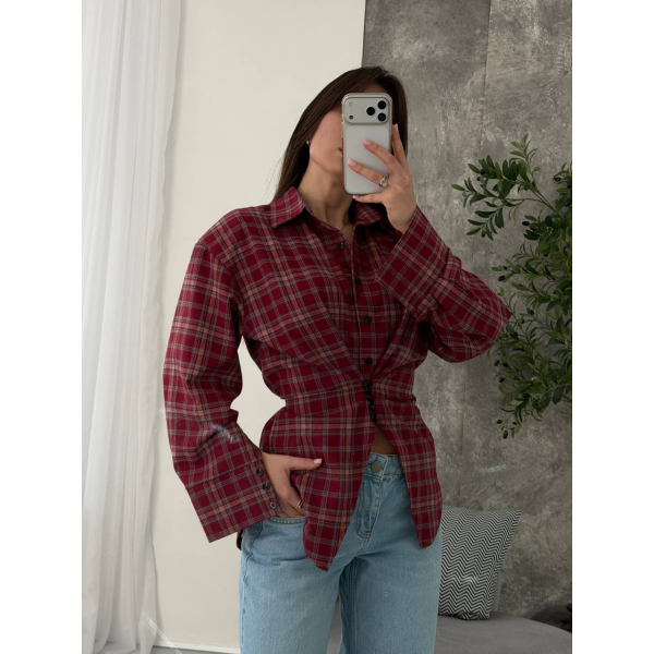 Жіноча сорочка в клітинку з плечиками oversize на ґудзиках, в бордо кольорі 42-44