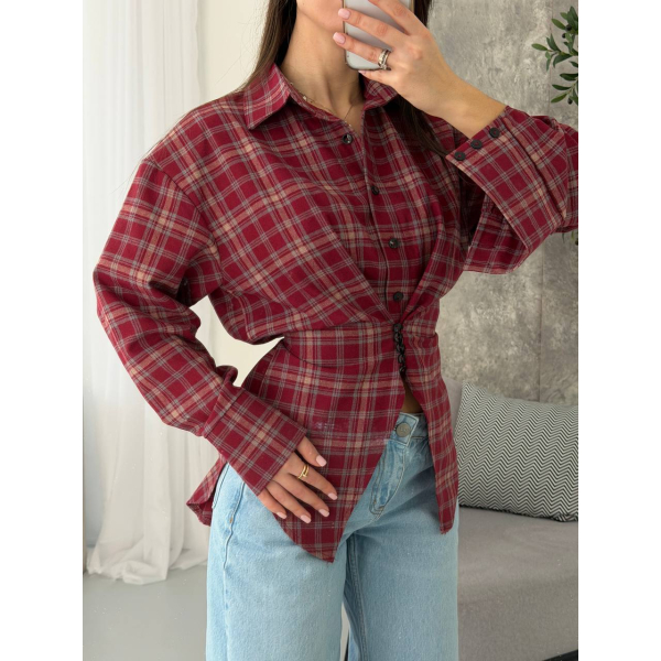Жіноча сорочка в клітинку з плечиками oversize на ґудзиках, в шоколадному кольорі 42-44