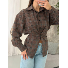 Жіноча сорочка в клітинку з плечиками oversize на ґудзиках, в шоколадному кольорі 42-44