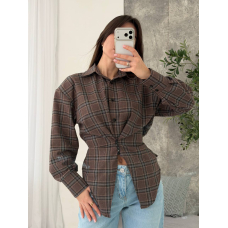 Жіноча сорочка в клітинку з плечиками oversize на ґудзиках, в шоколадному кольорі 46-48