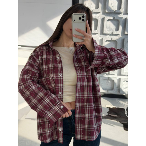 Жіноча сорочка в клітинку oversize з камінчиками, 42-44