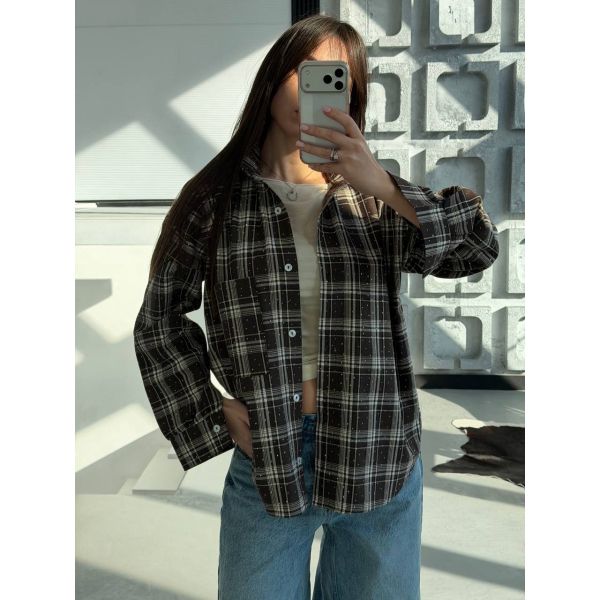 Жіноча сорочка в клітинку oversize з камінчиками, 42-44