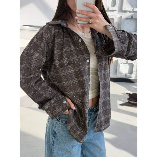 Жіноча сорочка в клітинку oversize з камінчиками, 42-44