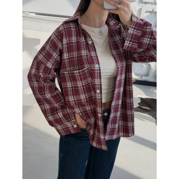 Жіноча сорочка в клітинку oversize з камінчиками, 46-48