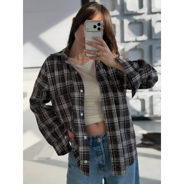 Жіноча сорочка в клітинку oversize з камінчиками, 46-48