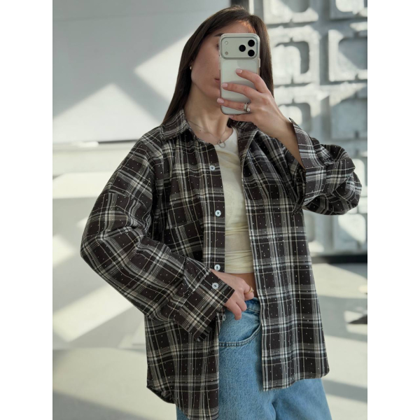 Жіноча сорочка в клітинку oversize з камінчиками, 42-44