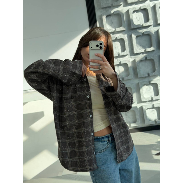 Жіноча сорочка в клітинку oversize з камінчиками, 42-44