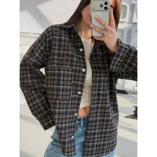 Жіноча сорочка в клітинку oversize з камінчиками, 42-44