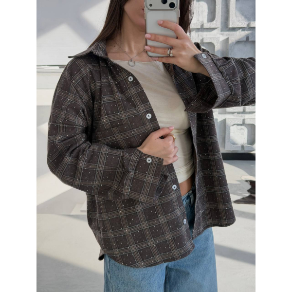 Жіноча сорочка в клітинку oversize з камінчиками, 46-48