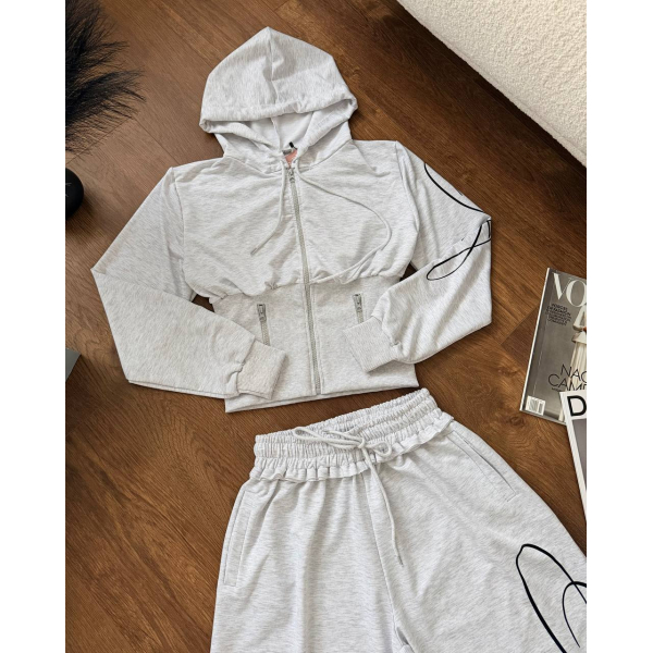 Жіночий спортивний костюм сірий кроп-худі + штани oversize, 42-46