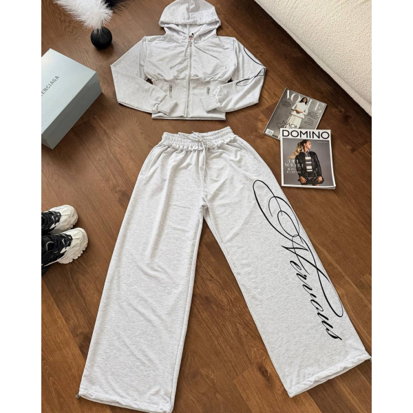 Жіночий спортивний костюм сірий кроп-худі + штани oversize, 42-46