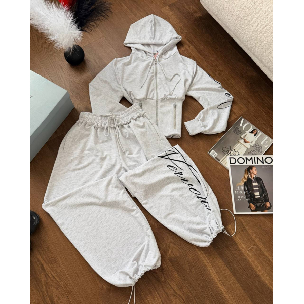 Жіночий спортивний костюм сірий кроп-худі + штани oversize, 42-46