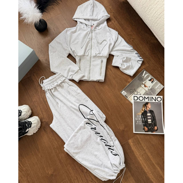 Жіночий спортивний костюм сірий кроп-худі + штани oversize, 42-46