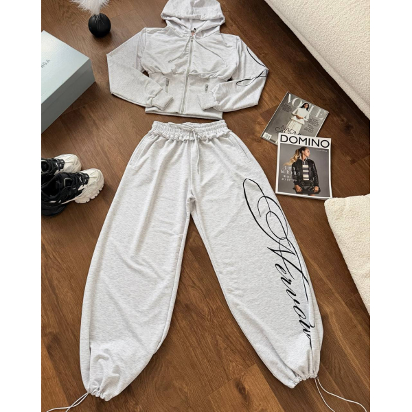Жіночий спортивний костюм сірий кроп-худі + штани oversize, 42-46