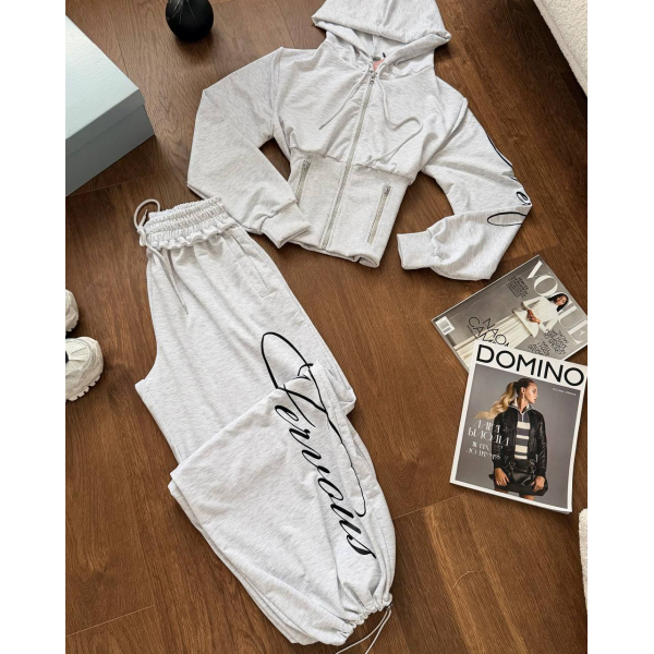 Жіночий спортивний костюм сірий кроп-худі + штани oversize, 42-46