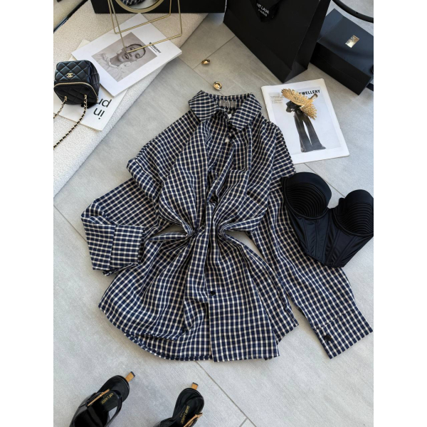 Жіноча сорочка в клітинку oversize синя, 42-48