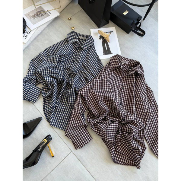 Жіноча сорочка в клітинку oversize синя, 42-48