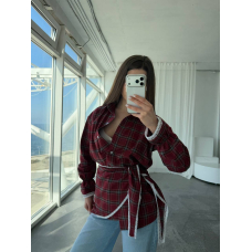 Жіноча сорочка з баскою в клітинку з поясом та мереживом, 42-46