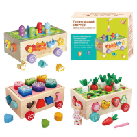 Каталка логическая 22995 «WToys», деревянная, 3 в 1, сортер, 1 тематическая игра, каталка на колесикахкоробці