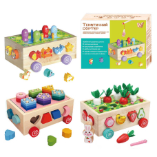 Каталка логическая 22995 «WToys», деревянная, 3 в 1, сортер, 1 тематическая игра, каталка на колесикахкоробці