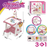 Столик игровой с проектором - подсветка, мелодии, маркеры, губка, 3 диска, стульчик, доска для рисования YM 58
