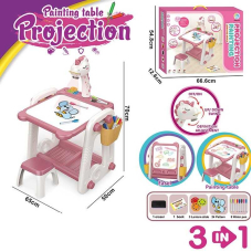 Столик игровой с проектором - подсветка, мелодии, маркеры, губка, 3 диска, стульчик, доска для рисования YM 58