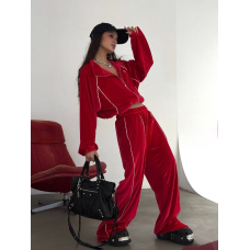 Жіночий велюровий спортивний костюм кофта на блискавці та широкі штани, колір червоний 42-48
