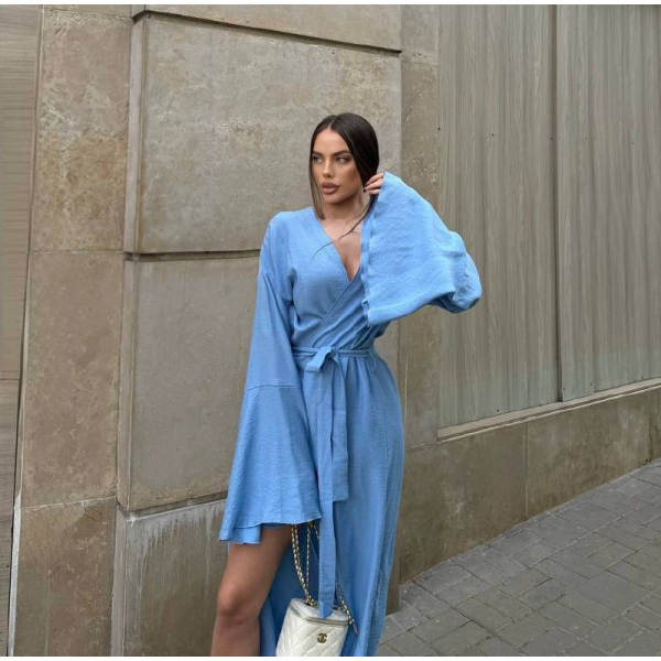 Жіноча сукня boho лляна на запах з обʼємними рукавами, колір чорний 42-48