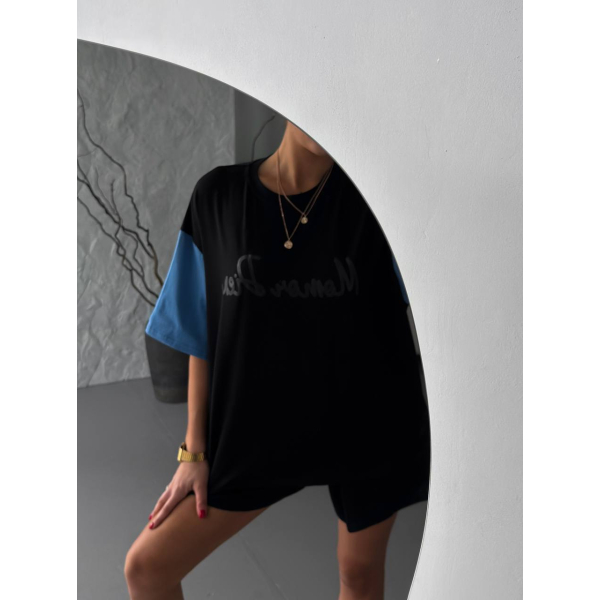Жіноча костюм oversize кулір пеньє з джинсовими вставками, колір чорний 42-44