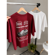 Жіноча футболка oversize турецький кулір принтом, колір бордовий 42-50