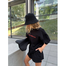 Жіноча комплект oversize турецький кулір з написом, колір чорний 46-48