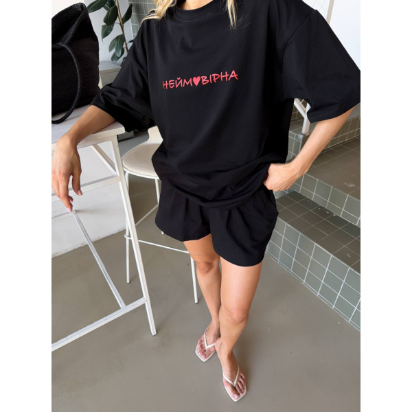 Жіноча комплект oversize турецький кулір з написом, колір рожевий 42-44