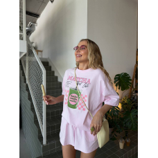 Жіночий костюм oversize з турецького куліру з принтом MATCHA, колір рожевий 46-48